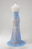 Blue Mermaid Spaghetti Straps Corset Long Prom Dress with Sequins