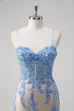 Blue Mermaid Spaghetti Straps Corset Long Prom Dress with Sequins