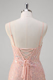 Blush Mermaid Spaghetti Straps Corset Sequined Long Prom Dress