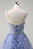 Dusty Blue A Line Spaghetti Straps Corset Spiral Ruffles Long Prom Dress