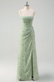 Dusty Sage Sheath Corset Floral Long Prom Dress with Slit