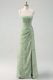 Dusty Sage Sheath Corset Floral Long Prom Dress with Slit