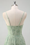 Dusty Sage Sheath Corset Floral Long Prom Dress with Slit