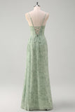 Dusty Sage Sheath Corset Floral Long Prom Dress with Slit