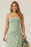 Dusty Sage Sheath Corset Floral Plus Size Bridesmaid Dress With Slit