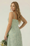 Dusty Sage Sheath Corset Floral Plus Size Bridesmaid Dress With Slit