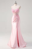 Pink Mermaid Spaghetti Straps Corset Floral Prom Dress with Slit
