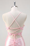 Pink Mermaid Spaghetti Straps Corset Floral Prom Dress with Slit