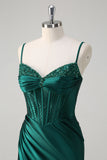Mermaid Corset Beaded Dark Green Long Prom Dress with Slit
