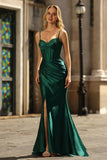 Mermaid Corset Beaded Dark Green Long Prom Dress with Slit