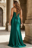 Mermaid Dark Green Corset Beaded Ruched Plus Size Long Prom Dress with Slit