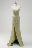 Sage Mermaid Ruched Satin Long Bridesmaid Dress with Slit