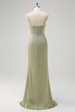 Sage Mermaid Ruched Satin Long Bridesmaid Dress with Slit