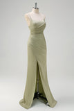 Sage Mermaid Ruched Satin Long Bridesmaid Dress with Slit