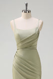 Sage Mermaid Ruched Satin Long Bridesmaid Dress with Slit