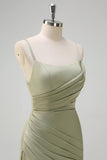 Sage Mermaid Ruched Satin Long Bridesmaid Dress with Slit