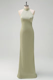 Elegant Sage Mermaid High Neck Satin Bridesmaid Dress