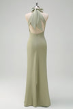 Elegant Sage Mermaid High Neck Satin Bridesmaid Dress