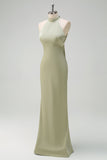 Elegant Sage Mermaid High Neck Satin Bridesmaid Dress