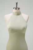 Elegant Sage Mermaid High Neck Satin Bridesmaid Dress