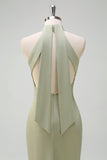 Elegant Sage Mermaid High Neck Satin Bridesmaid Dress