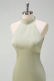 Elegant Sage Mermaid High Neck Satin Bridesmaid Dress