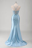 Mermaid Spaghetti Straps Corset Appliqued Blue Long Prom Dress with Slit