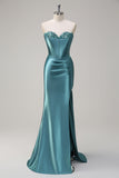 Royal Blue Mermaid Strapless Corset Sequin Long Prom Dress with Slit
