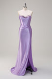 Royal Blue Mermaid Strapless Corset Sequin Long Prom Dress with Slit