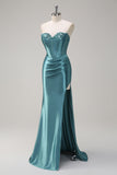 Royal Blue Mermaid Strapless Corset Sequin Long Prom Dress with Slit
