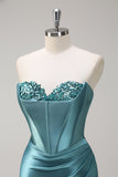 Royal Blue Mermaid Strapless Corset Sequin Long Prom Dress with Slit