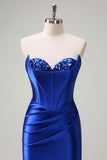 Royal Blue Mermaid Strapless Corset Sequin Long Prom Dress with Slit