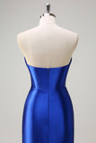 Royal Blue Mermaid Strapless Corset Sequin Long Prom Dress with Slit
