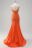 Orange Mermaid Spaghetti Straps Corset Beaded Long Prom Dress