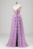 Glitter A Line Tiered Lilac Sequins Prom Dress with Slit