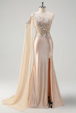Sparkly Champagne Mermaid One Shoulder Sequins Long Prom Dress with Slit