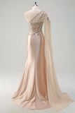 Sparkly Champagne Mermaid One Shoulder Sequins Long Prom Dress with Slit