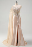 Sparkly Champagne Mermaid One Shoulder Sequins Long Prom Dress with Slit