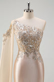 Sparkly Champagne Mermaid One Shoulder Sequins Long Prom Dress with Slit