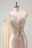Sparkly Champagne Mermaid One Shoulder Sequins Long Prom Dress with Slit
