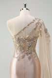 Sparkly Champagne Mermaid One Shoulder Sequins Long Prom Dress with Slit