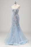 Black Beaded Mermaid Spaghetti Straps Floral Tulle Prom Dress