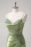 Green Mermaid Pleated Corset Beaded Long Prom Dress with Slit