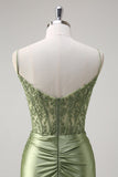 Green Mermaid Pleated Corset Beaded Long Prom Dress with Slit