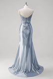 Green Mermaid Pleated Corset Beaded Long Prom Dress with Slit