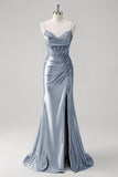 Green Mermaid Pleated Corset Beaded Long Prom Dress with Slit