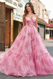 Blush Floral A Line Spaghetti Straps Corset Prom Dress