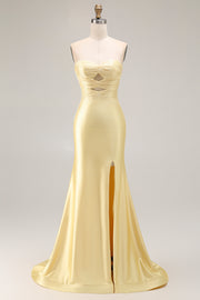 Yellow Strapless Mermaid Cut Out Beaded Prom Dress