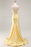 Yellow Strapless Mermaid Cut Out Beaded Prom Dress