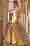 Strapless Yellow Mermaid Cut Out Prom Dress